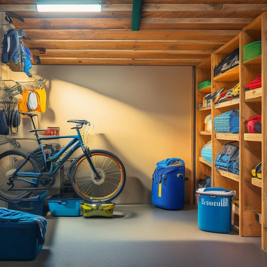 A tidy garage with camping gear organized on wall-mounted shelves, bins, and hooks, with a few bicycles and outdoor equipment in the background, illuminated by natural light filtering through a window.