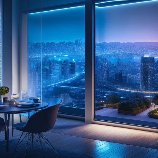 A futuristic illustration of a smart home's interior with glowing LED lights, a wearable device on a nearby table, and a cityscape with sleek skyscrapers visible through the window.