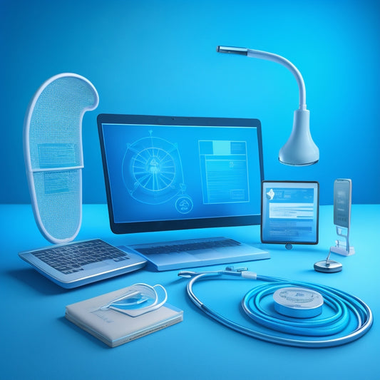 A digital tablet displays a 3D illustration of a lactating breast, surrounded by icons of laptops, stethoscopes, and certificates, set against a soft blue background with subtle gradient effects.