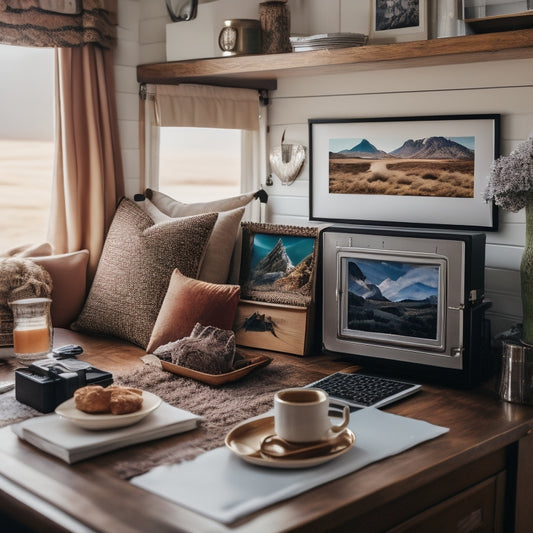 A warm and cozy RV interior with a laptop and external hard drive on a clutter-free counter, surrounded by framed photos and albums, with a few scattered polaroids and a camera in the background.