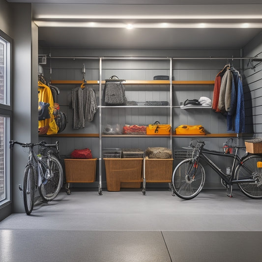 A well-organized garage with a sleek, metallic slatwall, rows of neatly stacked plastic bins, and a ceiling-mounted bike rack, illuminated by soft, warm lighting, surrounded by a clean, gray concrete floor.
