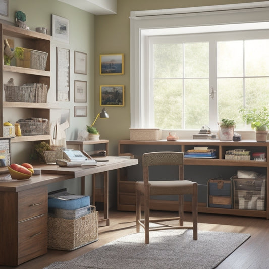 A tidy, well-lit homeschooling area with a compact desk, a shelved bookcase, and a labeled storage bin system, surrounded by minimal clutter and plenty of natural light.