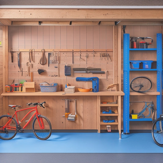 A well-organized garage with a slatwall, wooden cabinets, and a workbench, featuring a pegboard with hanging tools, a bike lifted on a pulley system, and a sleek, epoxy-coated floor.