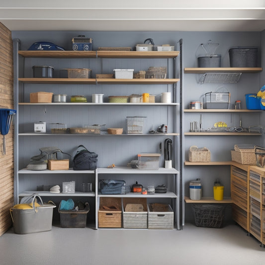 A tidy garage with a mix of open shelving units, baskets, and bins in varying sizes, placed against a light gray wall, with a few tools and storage containers arranged neatly on the shelves.