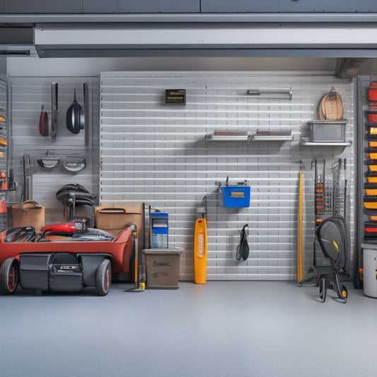 A clutter-free garage with a sleek, silver pegboard on the wall, holding neatly arranged tools and accessories, surrounded by labeled bins and a shiny, black sports car in the background.