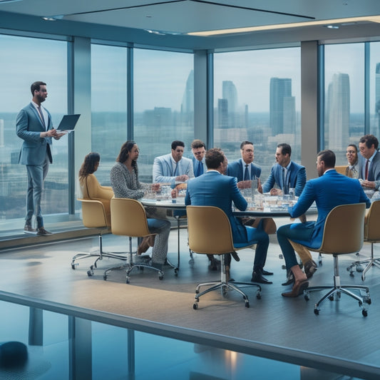 A bright, modern office space with diverse professionals gathered around a large, circular table, laptops open, and a cityscape visible through the floor-to-ceiling windows.