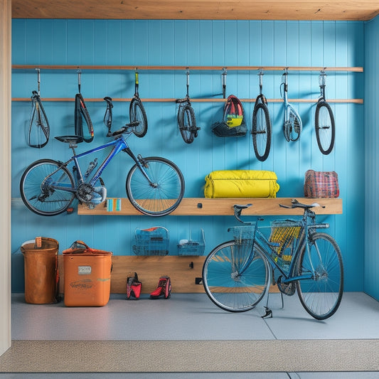 A clutter-free garage with a sleek, silver, slatwall-mounted bike rack holding three bicycles, surrounded by neatly arranged storage bins, hooks, and a pegboard with hanging accessories.