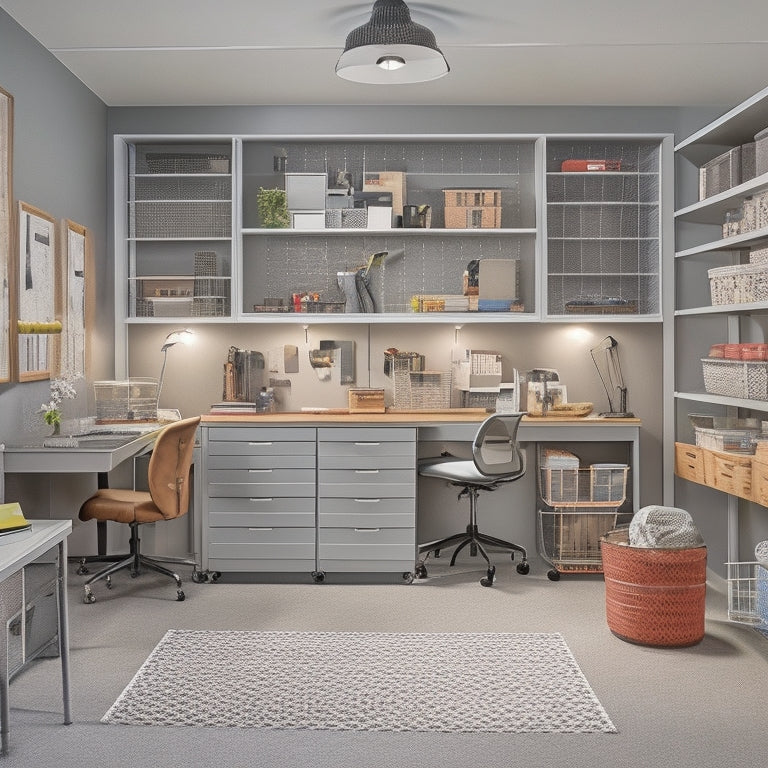 A clutter-free garage office with a sleek, gray desk, ergonomic chair, and a pegboard with hooks holding baskets, bins, and tools, surrounded by floor-to-ceiling shelving units and cabinets.