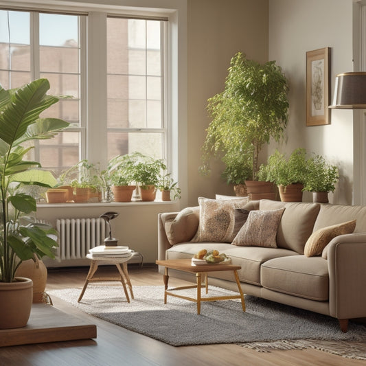A serene, clutter-free living room with a few, carefully chosen pieces of furniture, a single potted plant, and a large window allowing natural light to pour in, casting a warm glow.