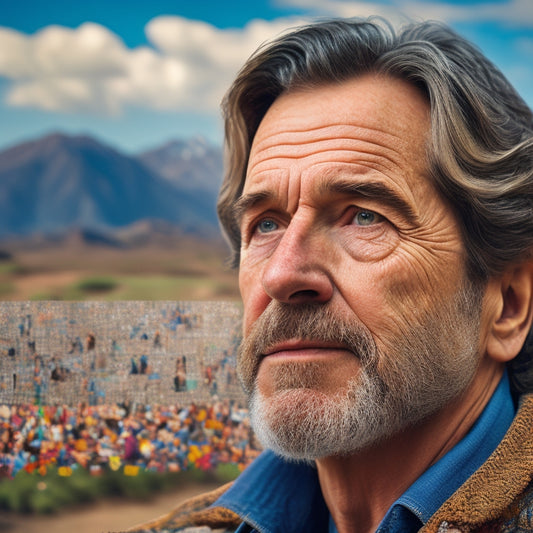 A stylized portrait of Jerry Courtney in a contemplative pose, surrounded by a mosaic of diverse faces, with subtle, swirling patterns of speech bubbles and thought clouds in the background.