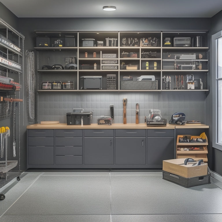 A modern, well-lit garage with sleek, wall-mounted shelves and cabinets in a metallic finish, holding organized tools and sporting equipment, with a floor-to-ceiling pegboard and a sleek, black workbench.