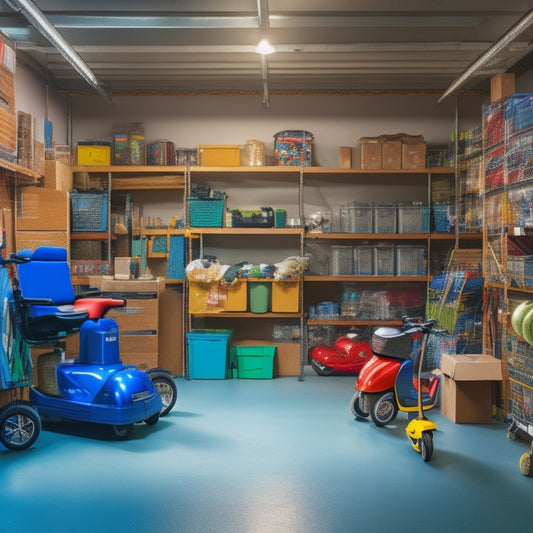 A cluttered garage with a senior's mobility scooter or walker amidst scattered boxes, tools, and seasonal decorations, contrasted with a tidy, organized garage with shelving units and labeled bins.
