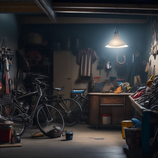 A cluttered garage interior with scattered tools, bicycles, and storage bins, dimly lit with a single faint light bulb, and a faint shadow of a person in the background, overwhelmed.