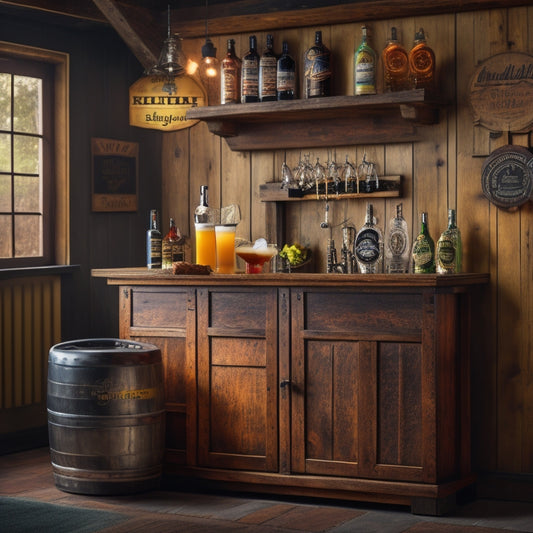 A dimly lit, rustic-chic home bar scene with a refurbished kegerator as the centerpiece, surrounded by wooden crates, vintage beer signs, and a few gleaming beer taps.