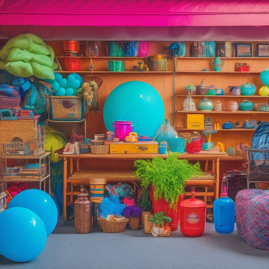 A colorful and cluttered garage sale setup with neatly arranged tables, vibrant balloons, and a diverse array of second-hand items, including vintage clothing, antique furniture, and stacks of old books.