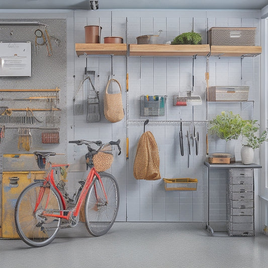 A well-organized garage with a sleek, silver tool cabinet, labeled bins, and a pegboard adorned with hanging bicycles, balls, and gardening tools, set against a clean, gray concrete floor and white walls.
