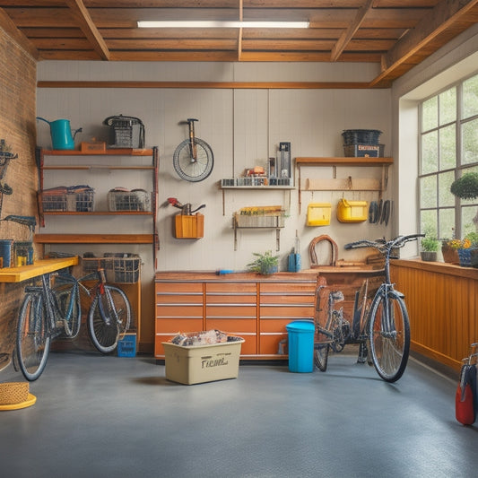 A well-organized garage with a sleek workbench, pegboard, and storage bins, featuring a restored classic car, bicycles, and gardening tools, surrounded by natural light and a polished concrete floor.