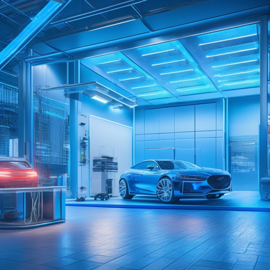 A futuristic, high-tech garage with sleek, silver tools and machinery, surrounded by virtual and augmented reality interfaces, with a 3D car model suspended in mid-air, glowing with bright, electric blue lines.