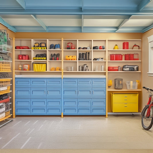 A clutter-free garage with slatwall panels, adjustable shelving units, and cabinets in a neutral color scheme, with tools and storage bins arranged in an organized and visually appealing manner.