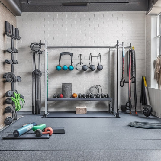 A clutter-free garage gym with a sleek, silver, floor-to-ceiling storage rack against a gray concrete wall, holding neatly organized weights, resistance bands, and fitness equipment.