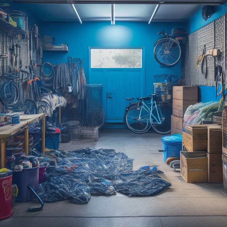 An image of a cluttered garage with walkers, canes, and mobility aids tangled among boxes, bikes, and tools, contrasted with a clean, organized garage with labeled bins and clear pathways.