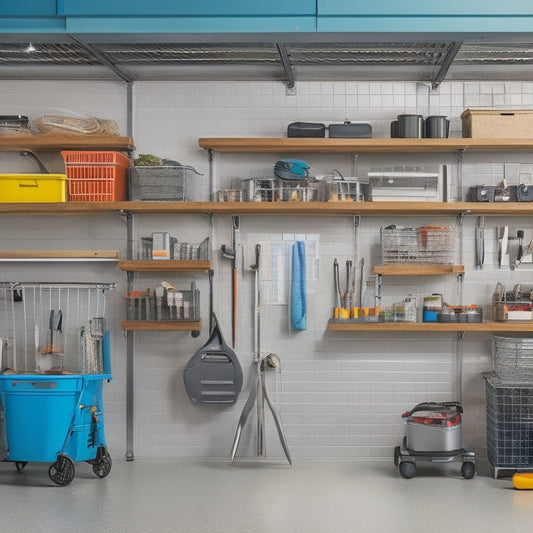 A clutter-free garage with a sleek, silver pegboard on the wall, holding organized rows of tools and accessories, and a floor-to-ceiling storage system with labeled bins and baskets.