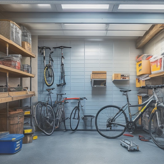 A cluttered garage with scattered tools and boxes, transformed into an organized space with sleek, metallic ceiling storage racks holding bins and bicycles, surrounded by clean lines and ample headroom.