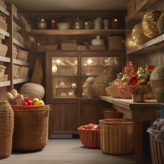 A warmly lit, organized storage room with a mix of transparent and decorative containers, baskets, and bins in various shapes and sizes, holding festive seasonal decorations like ornaments, garlands, and vases.