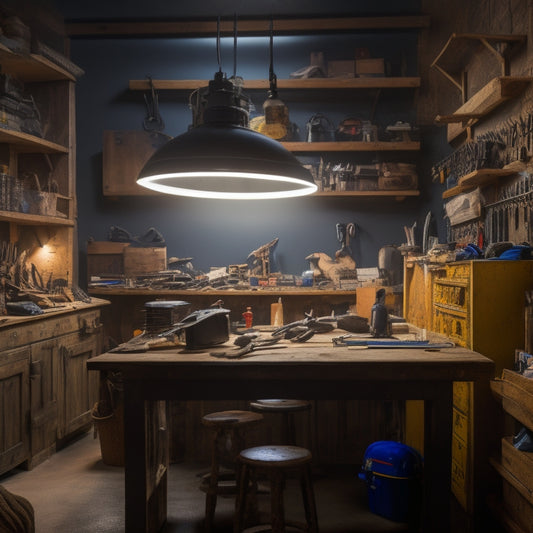 A well-lit workshop with a tidy workbench, Billy's toolbox in the center, organized tools and gadgets on pegboards, a few safety goggles and a helmet hanging nearby, with a faint blurred image of a person working in the background.