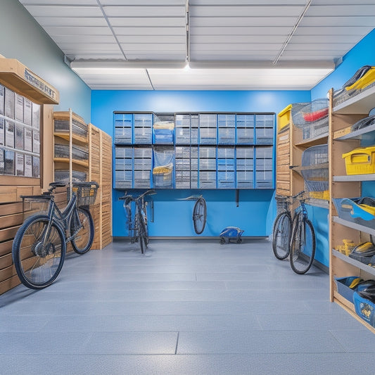 A clutter-free garage interior with a sleek epoxy-coated floor, featuring a slatwall with hooks, baskets, and bins, alongside a modular shelving system with labeled storage containers and a ceiling-mounted bike rack.