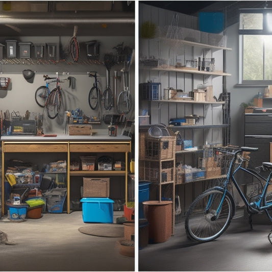 A before-and-after split-screen image: a cluttered garage with scattered tools, bicycles, and boxes on the left, and a tidy, organized space with labeled bins and a sleek workbench on the right.