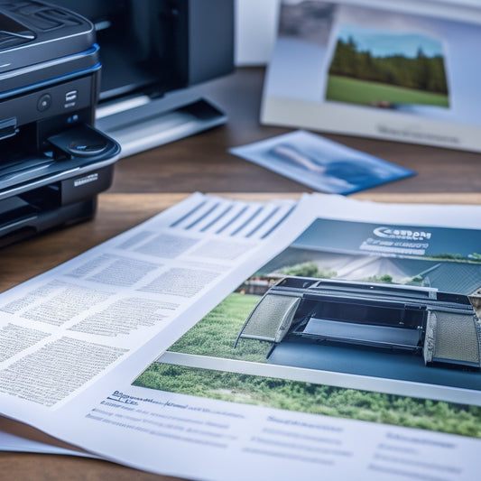 A split-screen image featuring a Canon printer in the background, with a stack of double-sided printed papers on the left and a single sheet with a magnifying glass zooming in on the flipped side on the right.