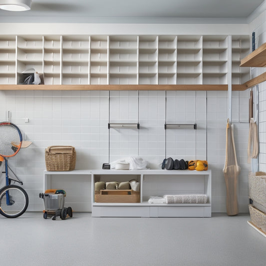 A well-organized garage with sleek, white shelving units, slatwall panels, and baskets, holding assorted tools, sports equipment, and storage bins, set against a light gray concrete floor and warm beige walls.