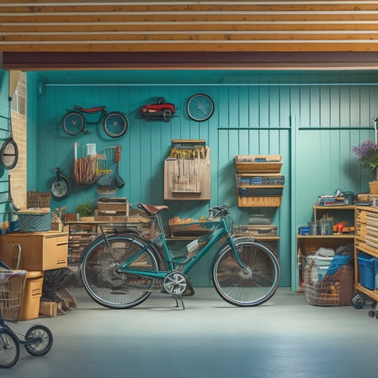 A well-organized garage with a slatted wall system, baskets, and hooks, featuring a parked car, a bicycle suspended from the ceiling, and a few neatly stored boxes and bins.