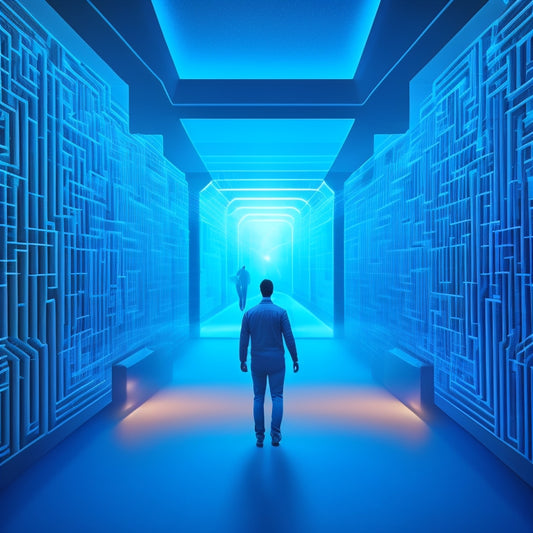 A digital illustration of a person standing in front of a large, glowing screen displaying a maze with a clear path highlighted in blue, surrounded by floating permits and construction icons.
