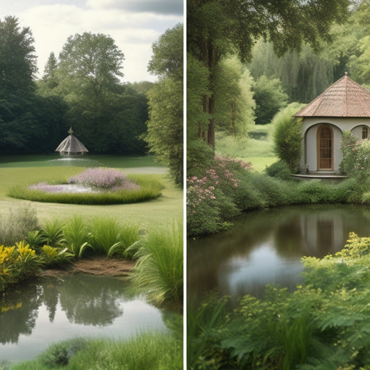 A before-and-after split-screen image: a dilapidated, overgrown tiny shed on the left, and on the right, a stunning, restored historic villa with a lush garden and a serene lake in the background.