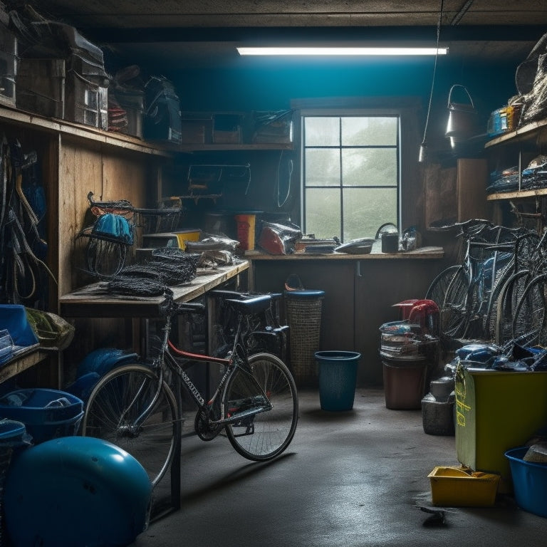 A cluttered garage interior with scattered tools, boxes, and bicycles, dimly lit with a single overhead light, surrounded by cobwebs and dusty shelves, with a faint glimpse of a organized corner in the background.