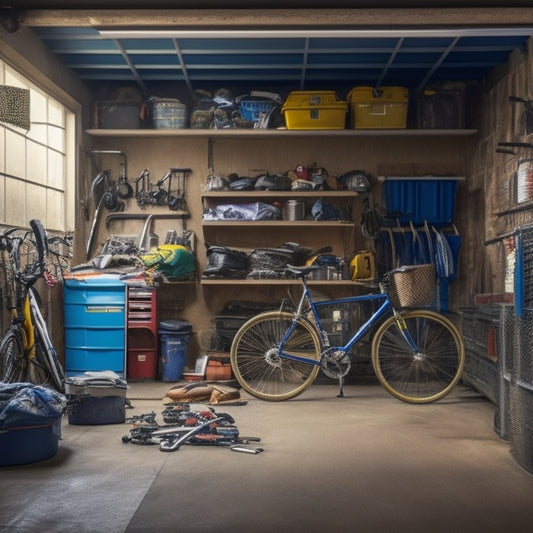 A cluttered garage with tools scattered on the floor, bicycles leaning against the wall, and storage bins overflowing with items, with a single open parking space in the background.