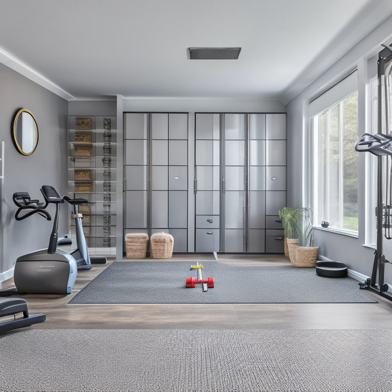A clutter-free home gym with a mirrored wall, gray rubber flooring, and a sleek white exercise bike against a wall, surrounded by neatly organized storage bins and baskets of various sizes.