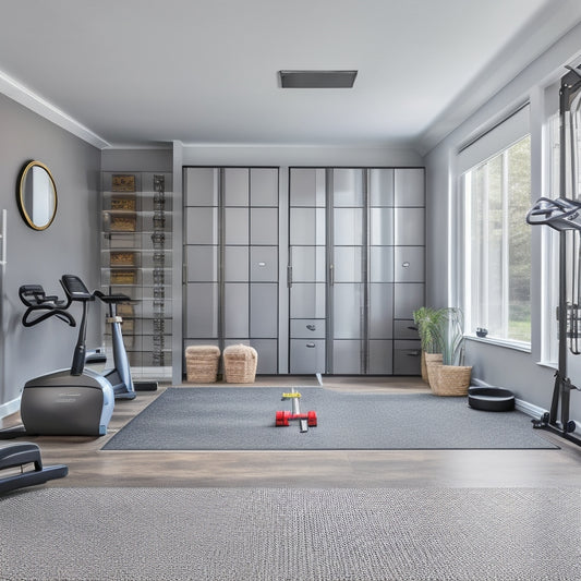 A clutter-free home gym with a mirrored wall, gray rubber flooring, and a sleek white exercise bike against a wall, surrounded by neatly organized storage bins and baskets of various sizes.