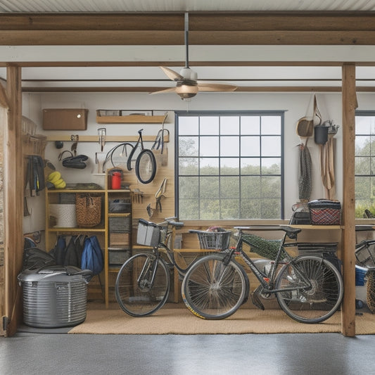 A clutter-free garage with a pegboard displaying organized outdoor gear, a bicycle suspended from the ceiling, and a workbench with a half-assembled camping tent in the background.