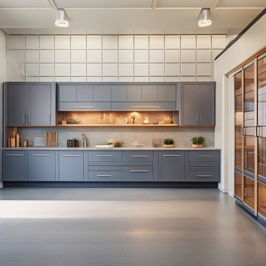 A modern garage with sleek, floor-to-ceiling cabinets in a soft gray finish, featuring recessed handles, adjustable shelves, and a mix of glass and wood doors, surrounded by a polished concrete floor.