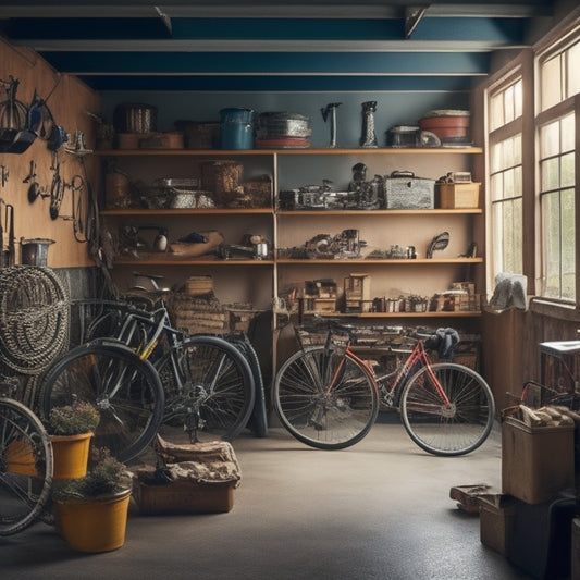 A cluttered garage with dusty bicycles, rusty tools, and stacks of old boxes, contrasted with a tidy, organized corner featuring a sleek shelving unit and a few neatly hung bikes.