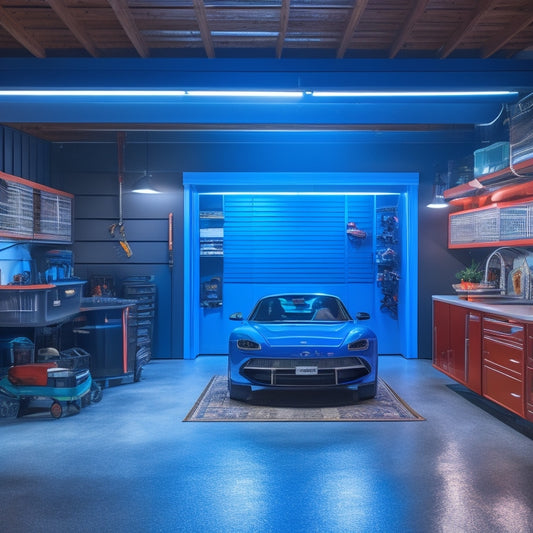 A dimly lit, cluttered garage with scattered tools and storage bins transforms into a sleek, organized space with a 3D floor plan overlay, showcasing custom cabinetry and a gleaming sports car.
