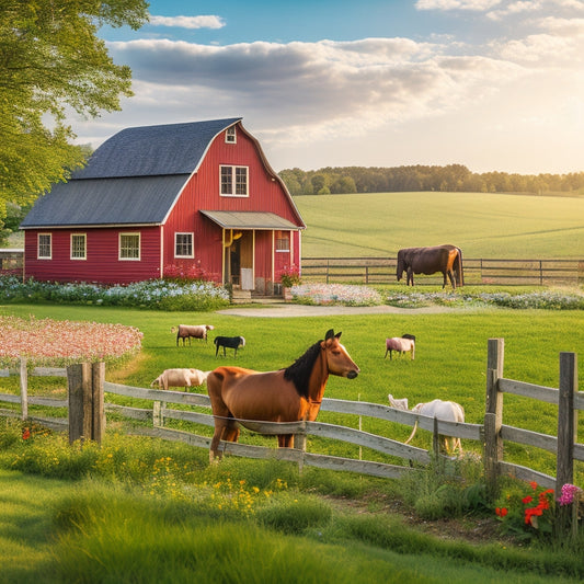 A serene rural landscape with a red barn, lush green pastures, and a few scattered farm animals, surrounded by vibrant flower beds and a wooden fence adorned with blooming vines.
