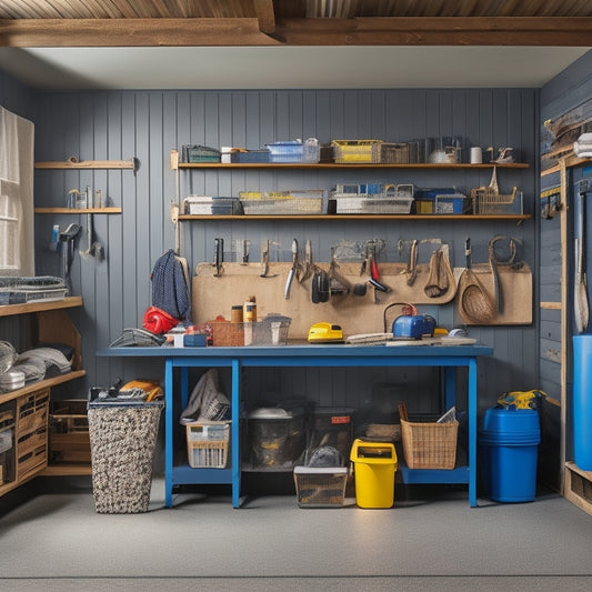 A clutter-free garage with a slatwall, hooks, and bins, featuring a parked car, a workbench with tools, and a shelving unit with labeled baskets and a step stool.