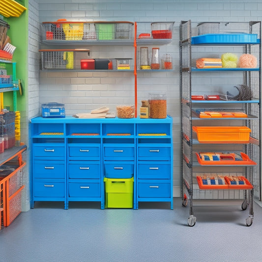 A well-organized garage with a robust, powder-coated steel shelving unit featuring five adjustable, slotted shelves, sturdy legs, and a durable, chip-resistant finish, surrounded by various storage bins and tools.