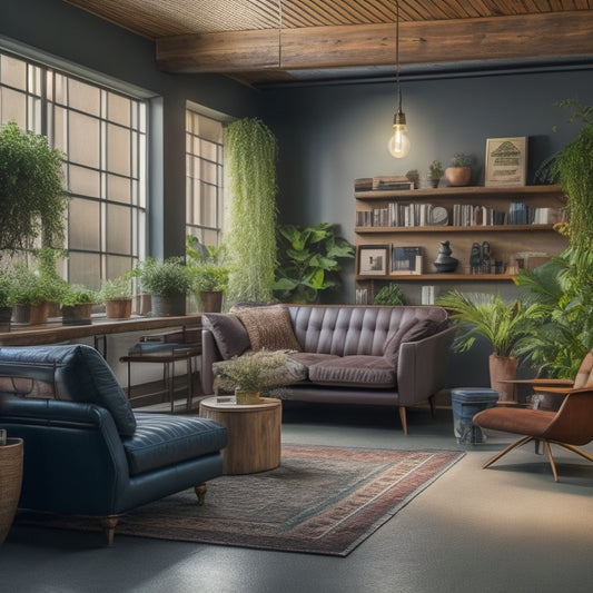 A serene, well-lit garage converted into a therapy room with a plush sectional sofa, calming plants, and a floor-to-ceiling wooden bookshelf in the background.