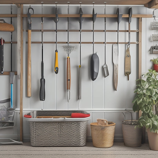 A tidy garage with a slatwall featuring a variety of gardening tools and accessories, including a rake, pruners, and watering cans, neatly organized and secured with hooks and bins.