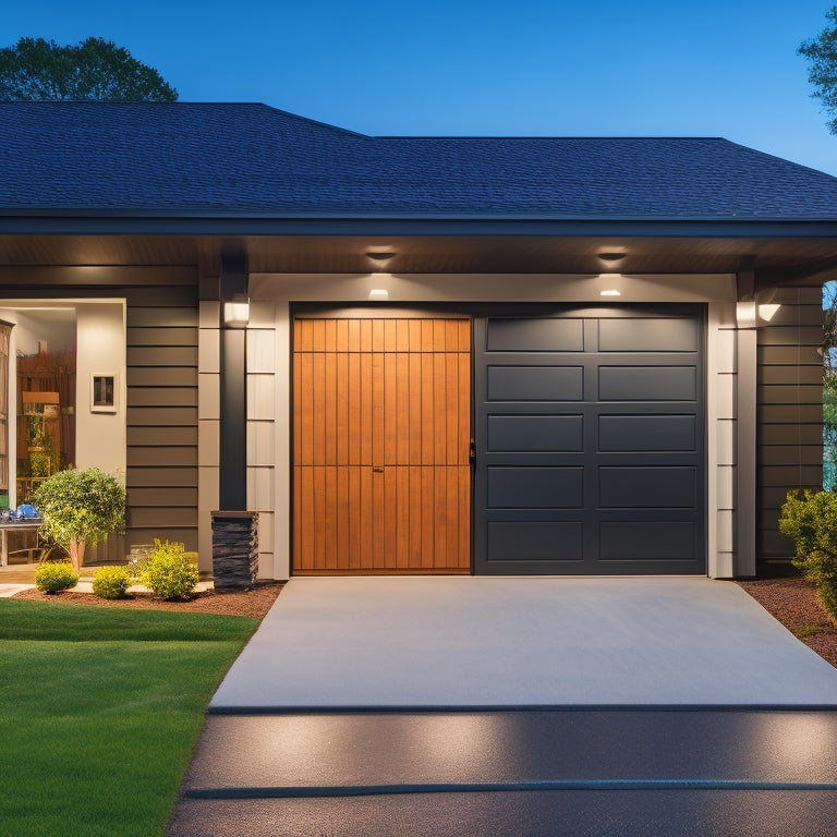 A well-lit, modern garage with a sleek, black door featuring a prominent window, surrounded by organized tools and a subtle background of a suburban neighborhood.
